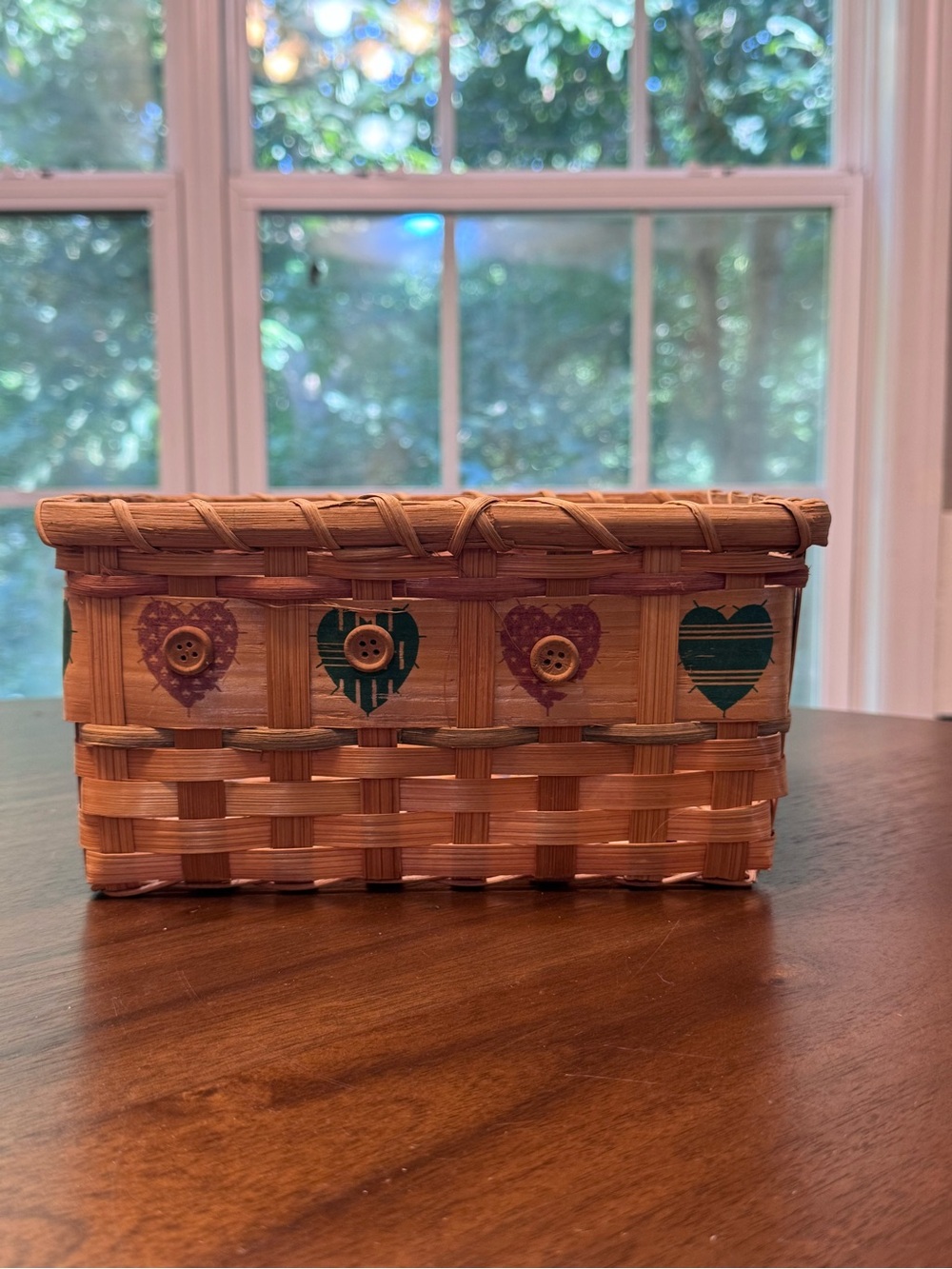 Primitive Country Woven Basket Painted Hearts Farmhouse Cottage Decor-0193